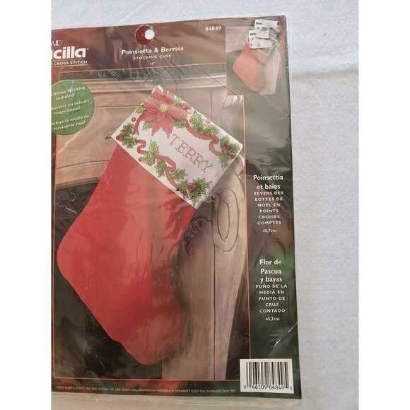Bucilla Crosstitch Kit Poinsettia Berries Christmas Stocking 18" Cuff 84849 NOS - Picture 3 of 5